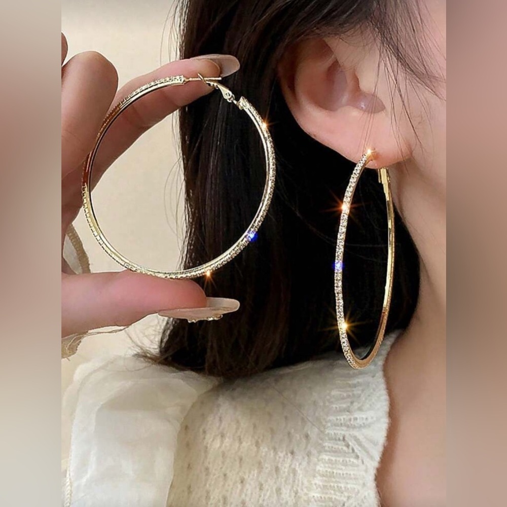 Gold Rhinestone Hoop Earrings Large Statement Hoop